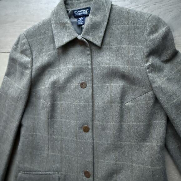 Lands End Wool Blazer Women's Size 8 Tan Grey Checkered Button Down Jacket - Picture 4 of 6